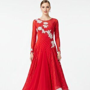 Red Sequin Lace Ballroom Dance Gown Mesh Sleeves L Holiday Glam Pageant Evening